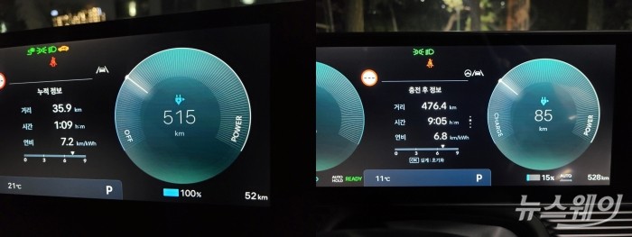 아이오닉5의 완충 후 최대주행거리(왼쪽)와 476.4km 주행 후 남은 배터리 잔량. 사진=박경보 기자