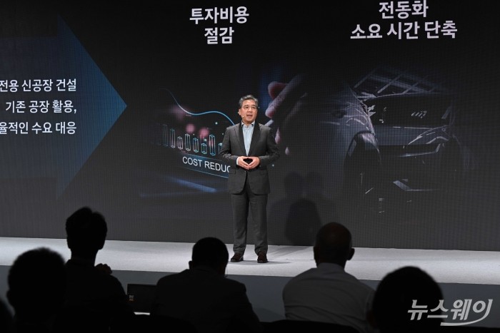 장재훈 현대자동차 사장이 28일 오후 서울 여의도 콘래드호텔에서 열린 'CEO 인베스터데이' 행사에서 발표를 하고 있다. 사진=강민석 기자 kms@newsway.co.kr