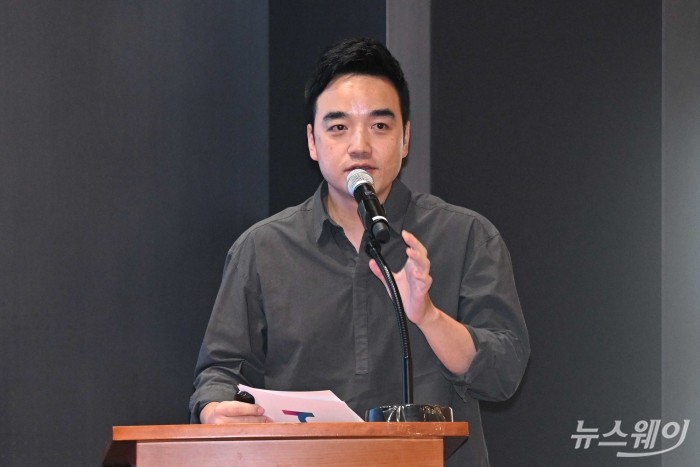 박서하 티맵모빌리티 D&I 담당이 23일 오전 서울 중구 SKT타워에서 열린 신규 서비스 출시 기자간담회에서 발표를 하고 있다. 사진=강민석 기자 kms@newsway.co.kr