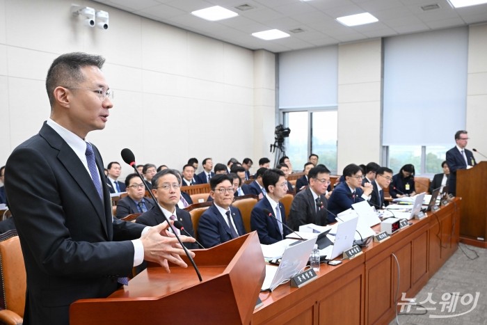 (왼쪽 첫 번째)김경훈 구글코리아 사장이 28일 오후 서울 여의도 국회 기획재정위원회에서 열린 기획재정부·국세청·관세청·조달청·통계청에 대한 2024년도 종합국정감사에서 의원의 질의에 답변하고 있다. 사진=강민석 기자 kms@newsway.co.kr