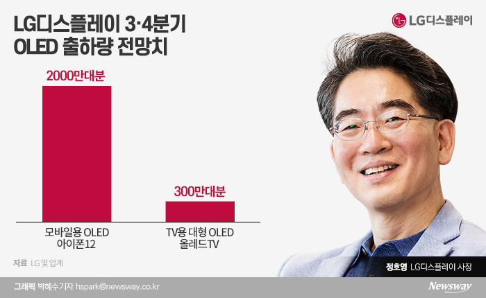 정호영 LG디스플레이 사장은 올해 말까지 신규 고객사인 애플에 모바일용 OLED 2000만대 물량을 납품한다는 목표다. 대형 OLED 사업은 올레드TV 450만대(하반기 300만대) 물량을 소화할 예정이다.